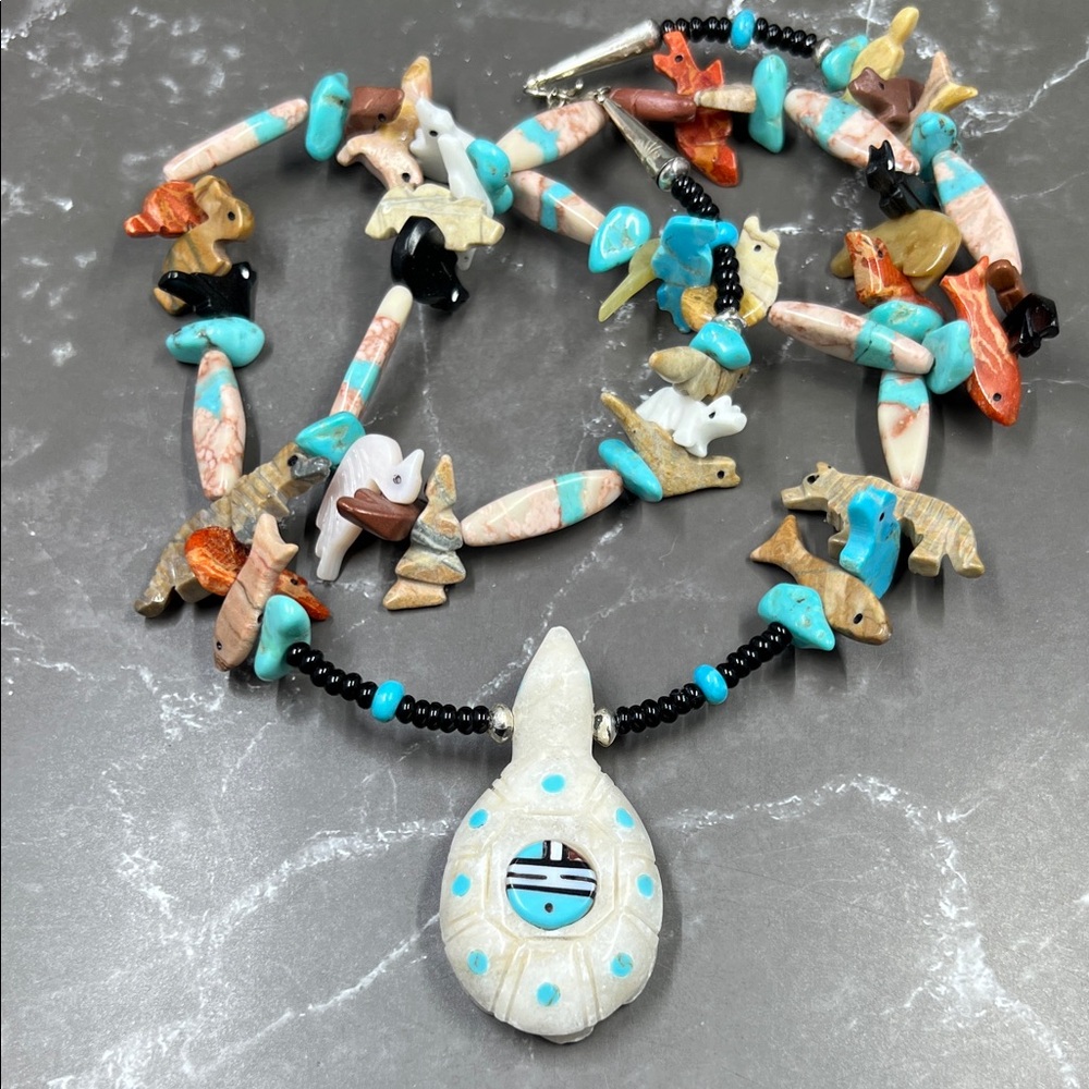 Vintage Native American Sterling Animal Fetish Necklace Turtle